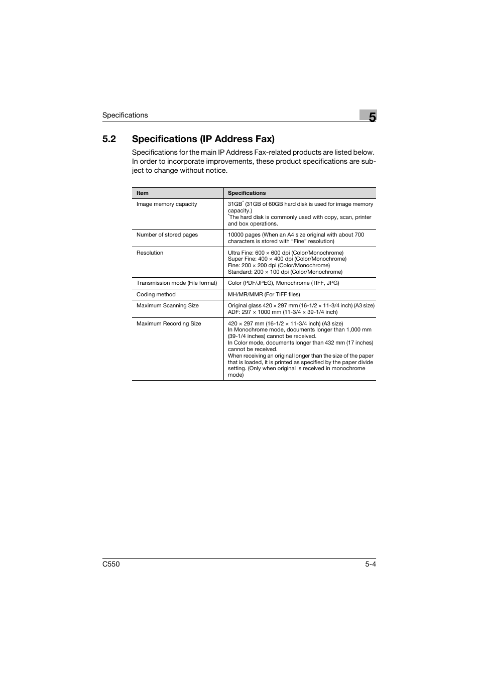 2 specifications (ip address fax), Specifications (ip address fax) -4 | Konica Minolta bizhub C550 User Manual | Page 144 / 403