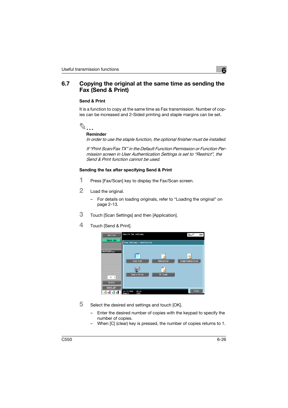 Send & print, Sending the fax after specifying send & print | Konica Minolta bizhub C550 User Manual | Page 170 / 403