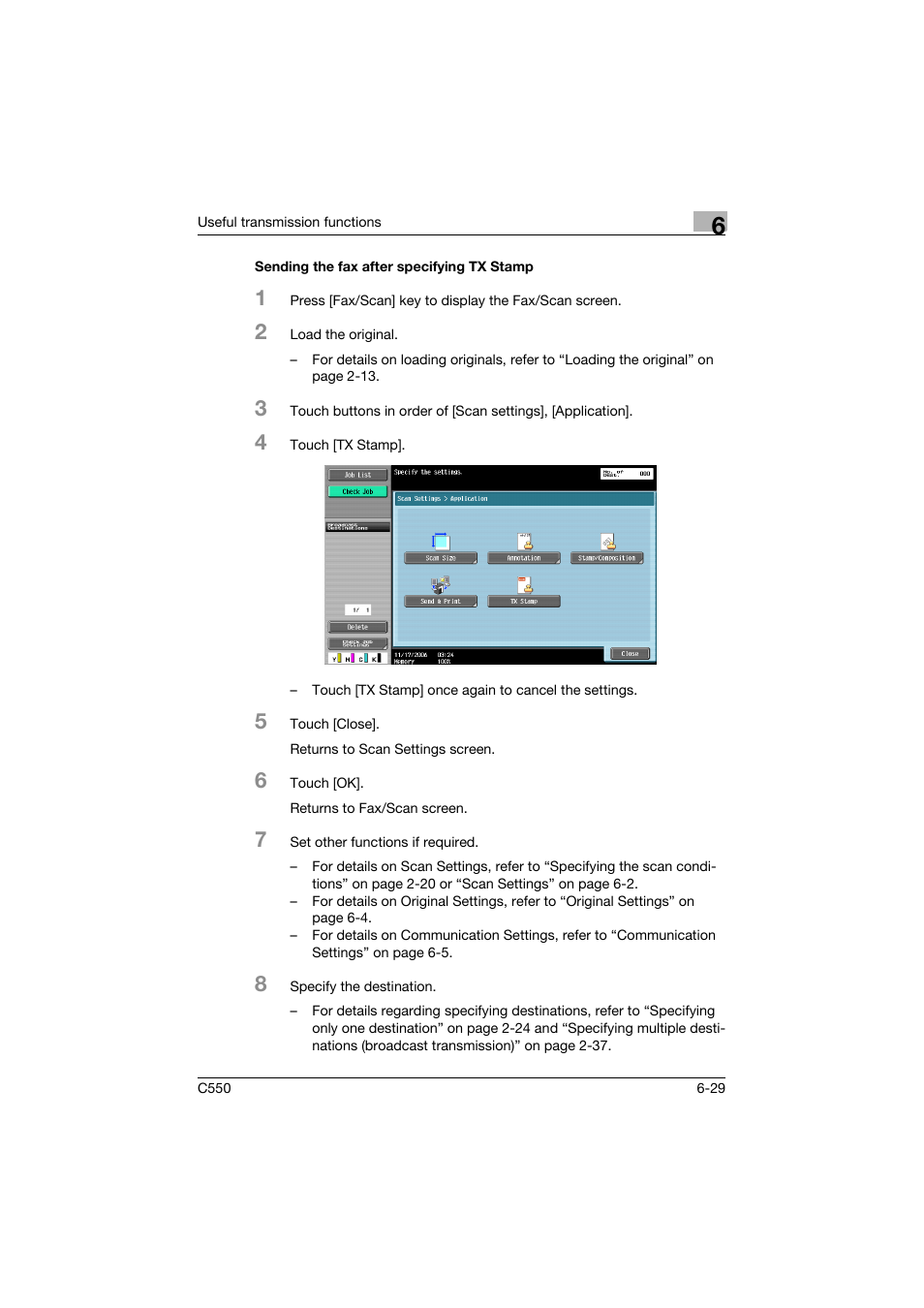 Sending the fax after specifying tx stamp, Sending the fax after specifying tx stamp -29 | Konica Minolta bizhub C550 User Manual | Page 173 / 403