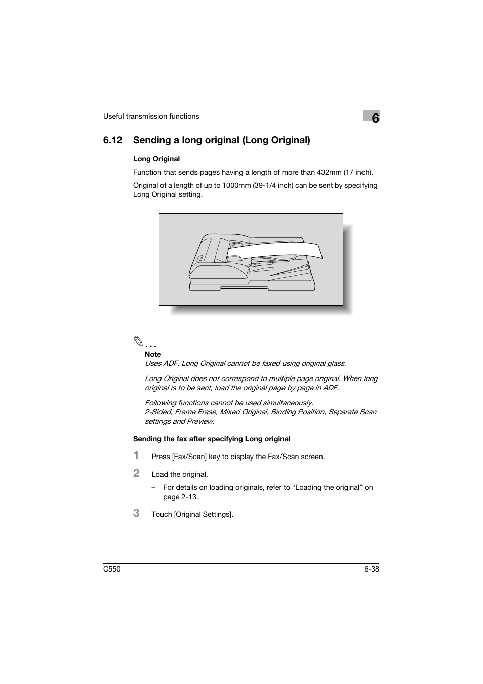 12 sending a long original (long original), Long original, Sending the fax after specifying long original | Sending a long original (long original) -38 | Konica Minolta bizhub C550 User Manual | Page 182 / 403