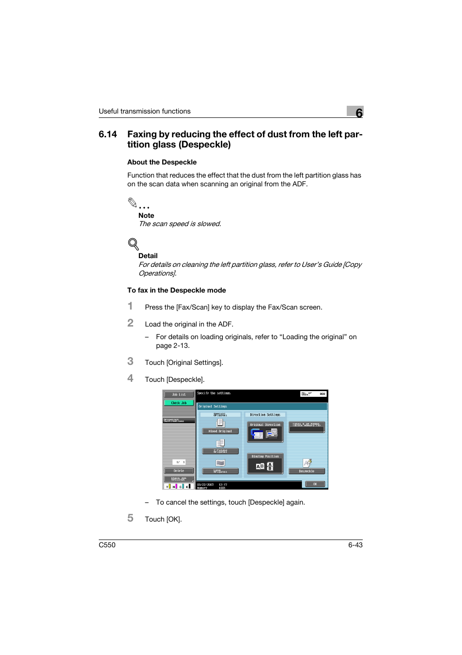 About the despeckle, To fax in the despeckle mode | Konica Minolta bizhub C550 User Manual | Page 187 / 403