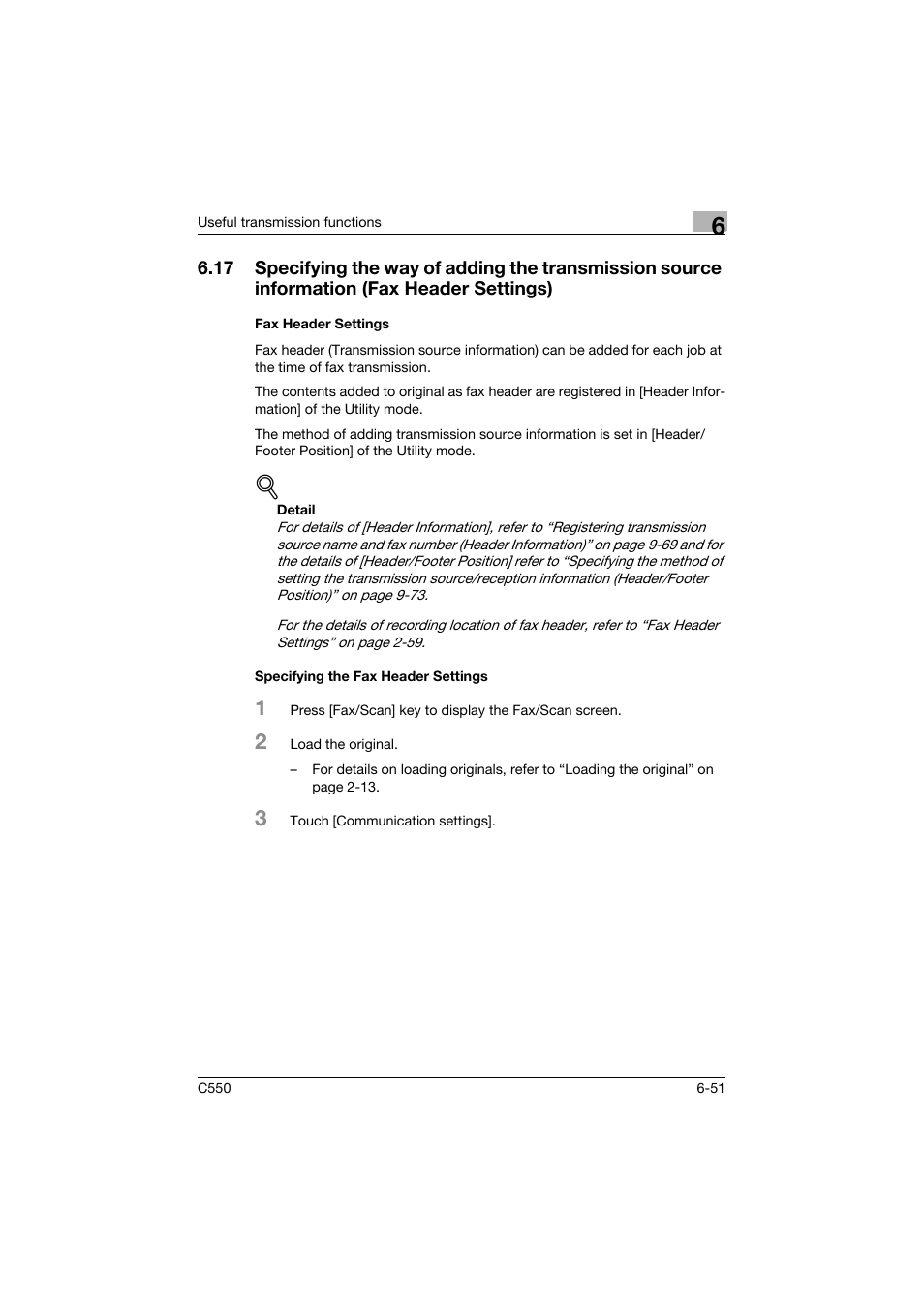 Fax header settings, Specifying the fax header settings | Konica Minolta bizhub C550 User Manual | Page 195 / 403