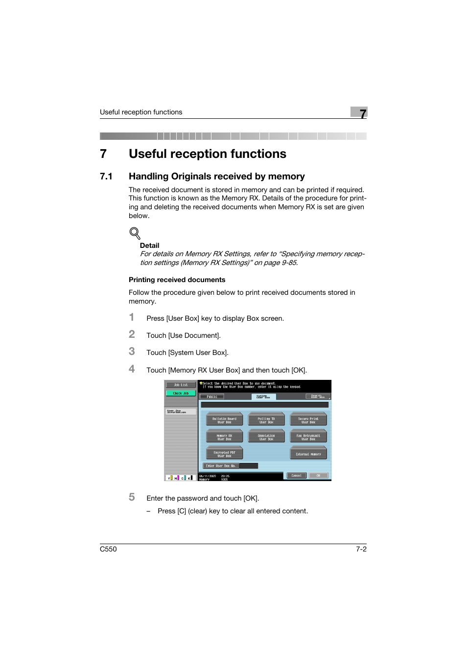 7 useful reception functions, 1 handling originals received by memory, Printing received documents | Useful reception functions, Handling originals received by memory -2, Printing received documents -2, 7useful reception functions | Konica Minolta bizhub C550 User Manual | Page 199 / 403