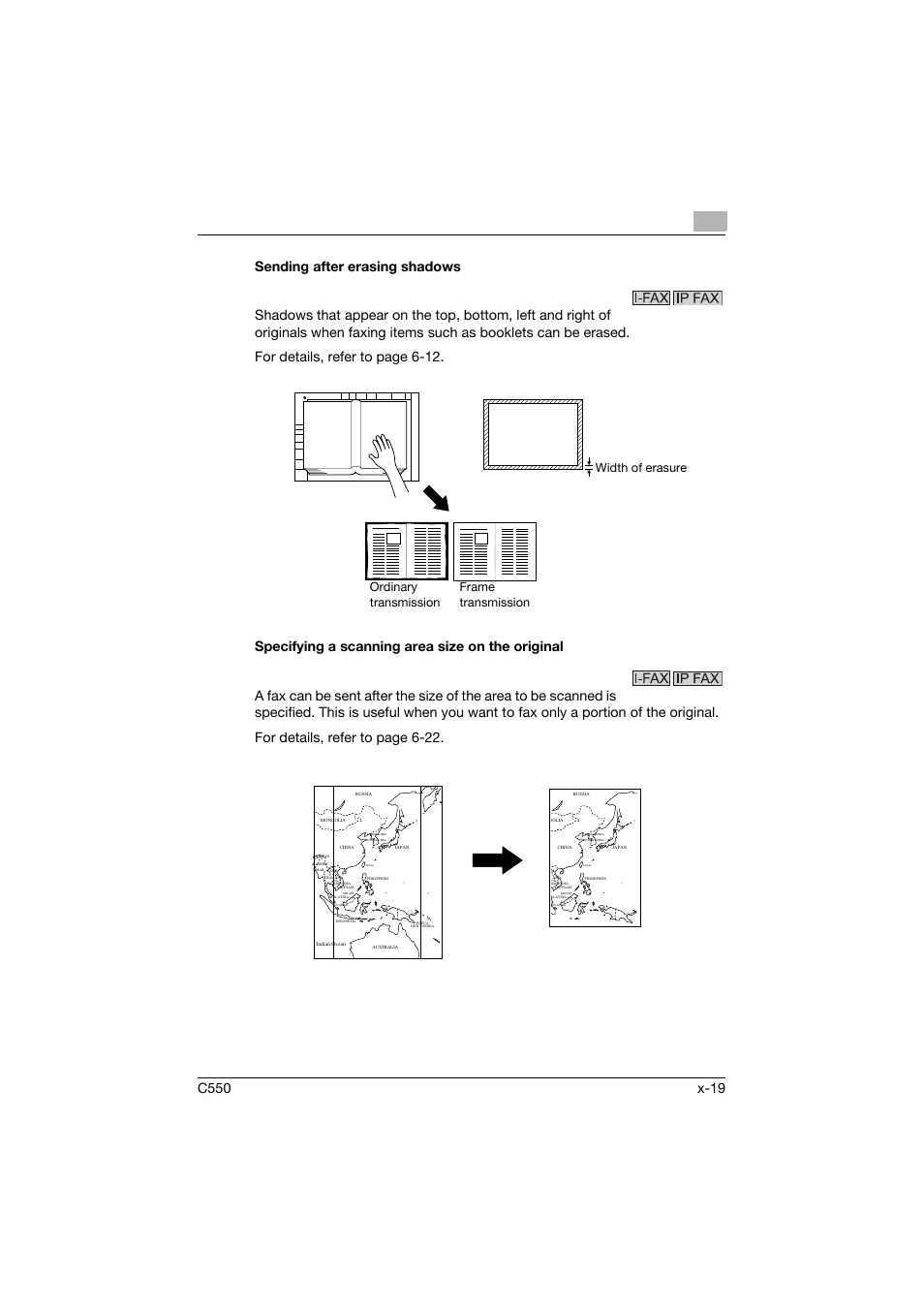 Sending after erasing shadows, Specifying a scanning area size on the original | Konica Minolta bizhub C550 User Manual | Page 20 / 403