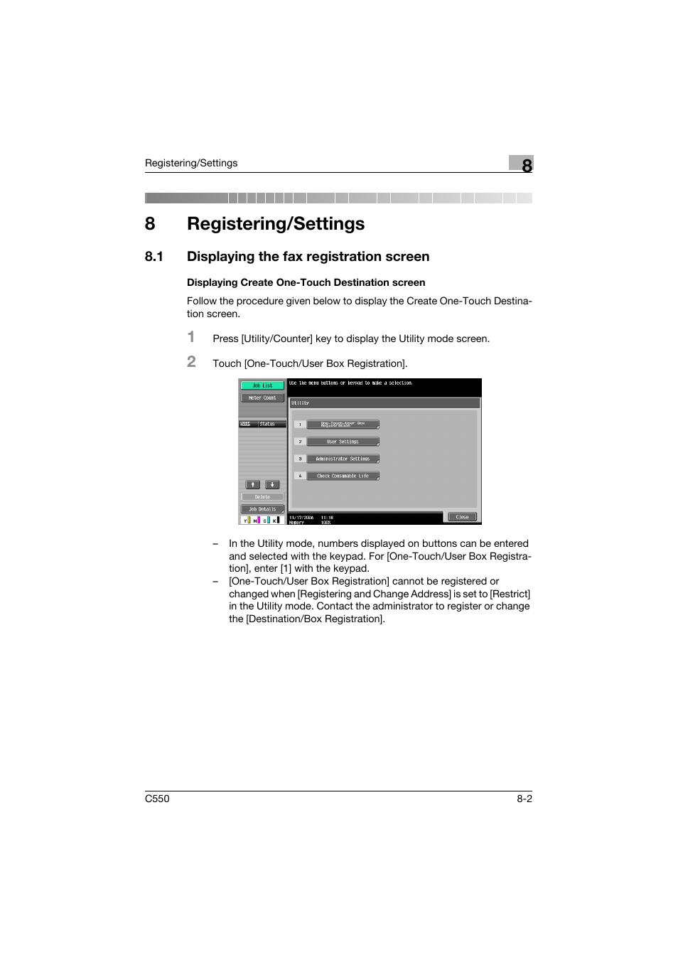 8 registering/settings, 1 displaying the fax registration screen, Displaying create one-touch destination screen | Registering/settings, Displaying the fax registration screen -2, Displaying create one-touch destination screen -2, 8registering/settings | Konica Minolta bizhub C550 User Manual | Page 203 / 403