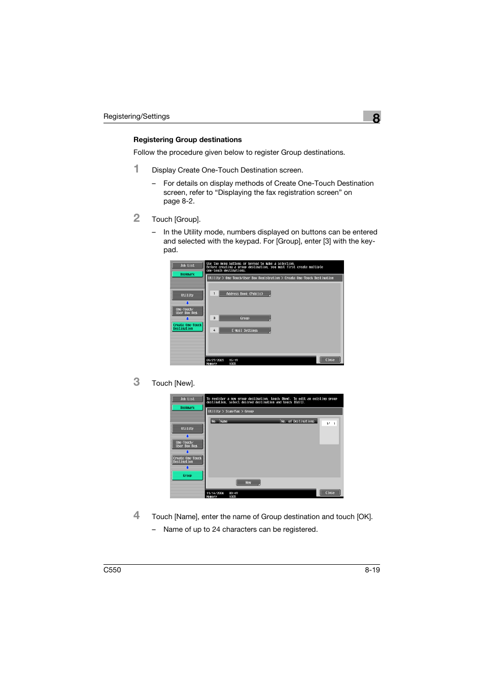 Registering group destinations, Registering group destinations -19 | Konica Minolta bizhub C550 User Manual | Page 220 / 403