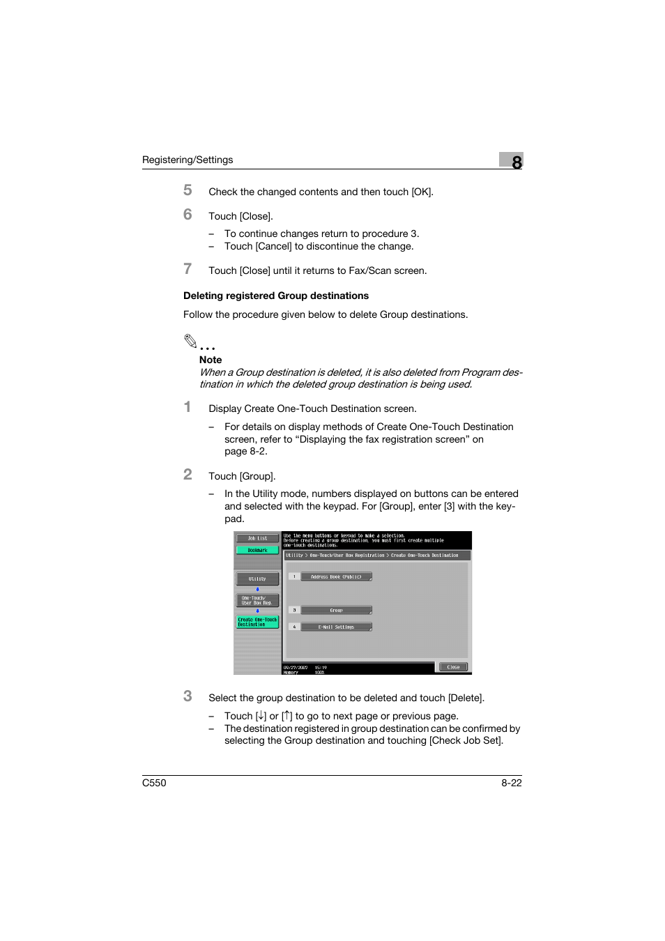 Deleting registered group destinations, Deleting registered group destinations -22 | Konica Minolta bizhub C550 User Manual | Page 223 / 403