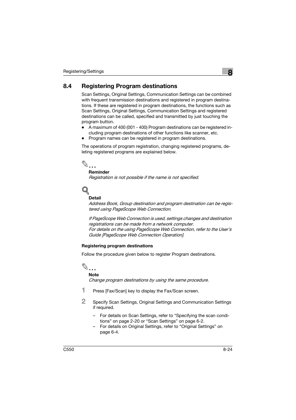 4 registering program destinations, Registering program destinations, Registering program destinations -24 | Konica Minolta bizhub C550 User Manual | Page 225 / 403