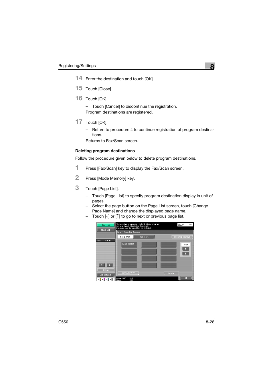 Deleting program destinations, Deleting program destinations -28 | Konica Minolta bizhub C550 User Manual | Page 229 / 403