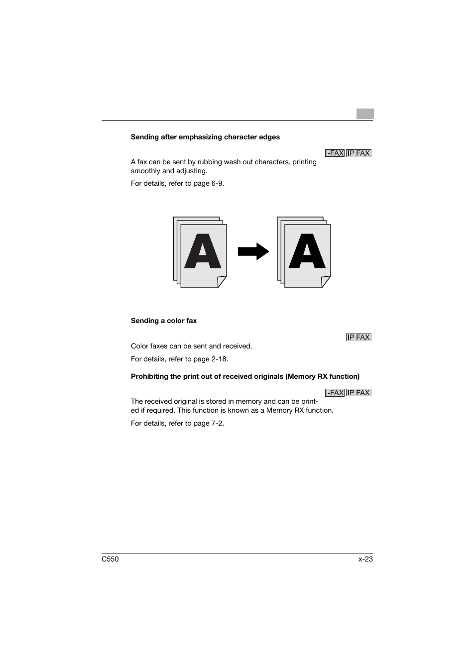 Sending after emphasizing character edges, Sending a color fax | Konica Minolta bizhub C550 User Manual | Page 24 / 403