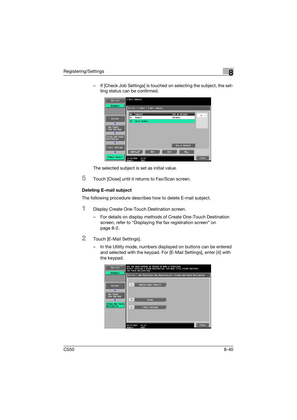 Deleting e-mail subject, Deleting e-mail subject -40 | Konica Minolta bizhub C550 User Manual | Page 241 / 403