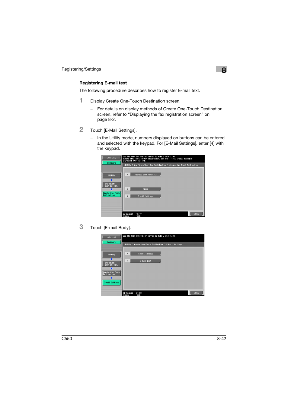 Registering e-mail text, Registering e-mail text -42 | Konica Minolta bizhub C550 User Manual | Page 243 / 403