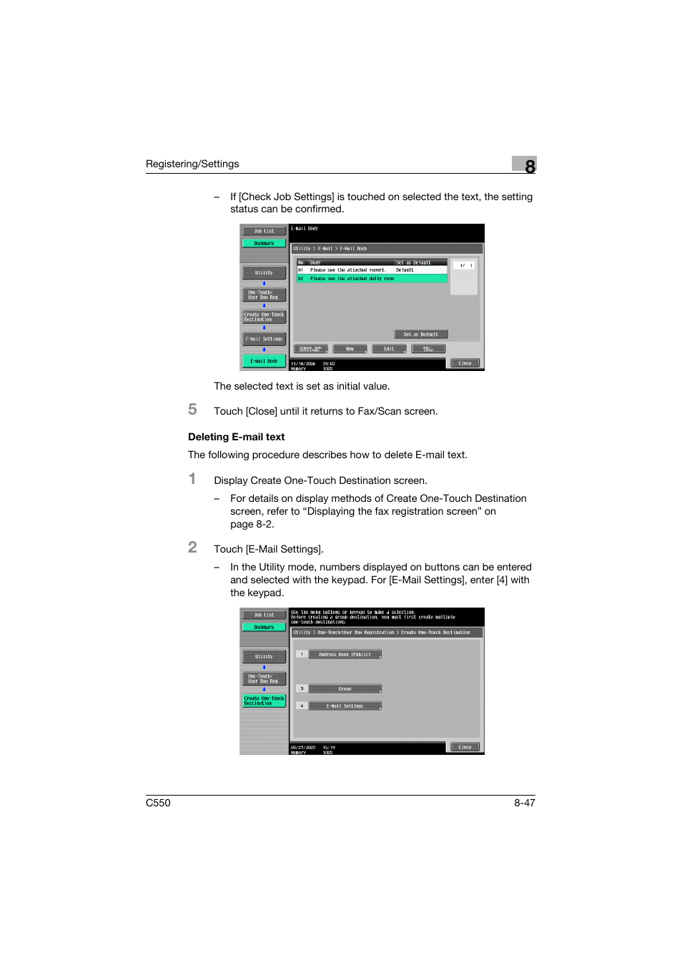 Deleting e-mail text, Deleting e-mail text -47 | Konica Minolta bizhub C550 User Manual | Page 248 / 403