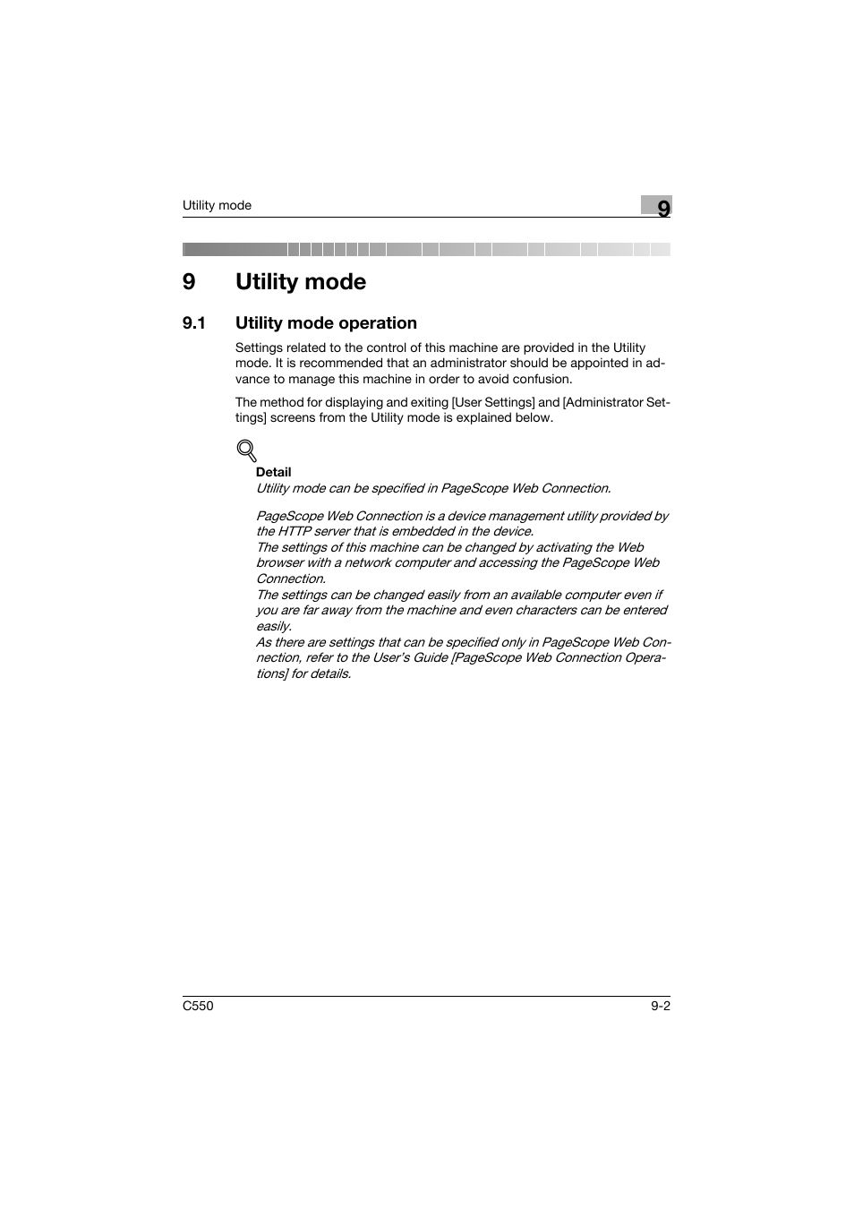 9 utility mode, 1 utility mode operation, Utility mode | Utility mode operation -2, 9utility mode | Konica Minolta bizhub C550 User Manual | Page 252 / 403