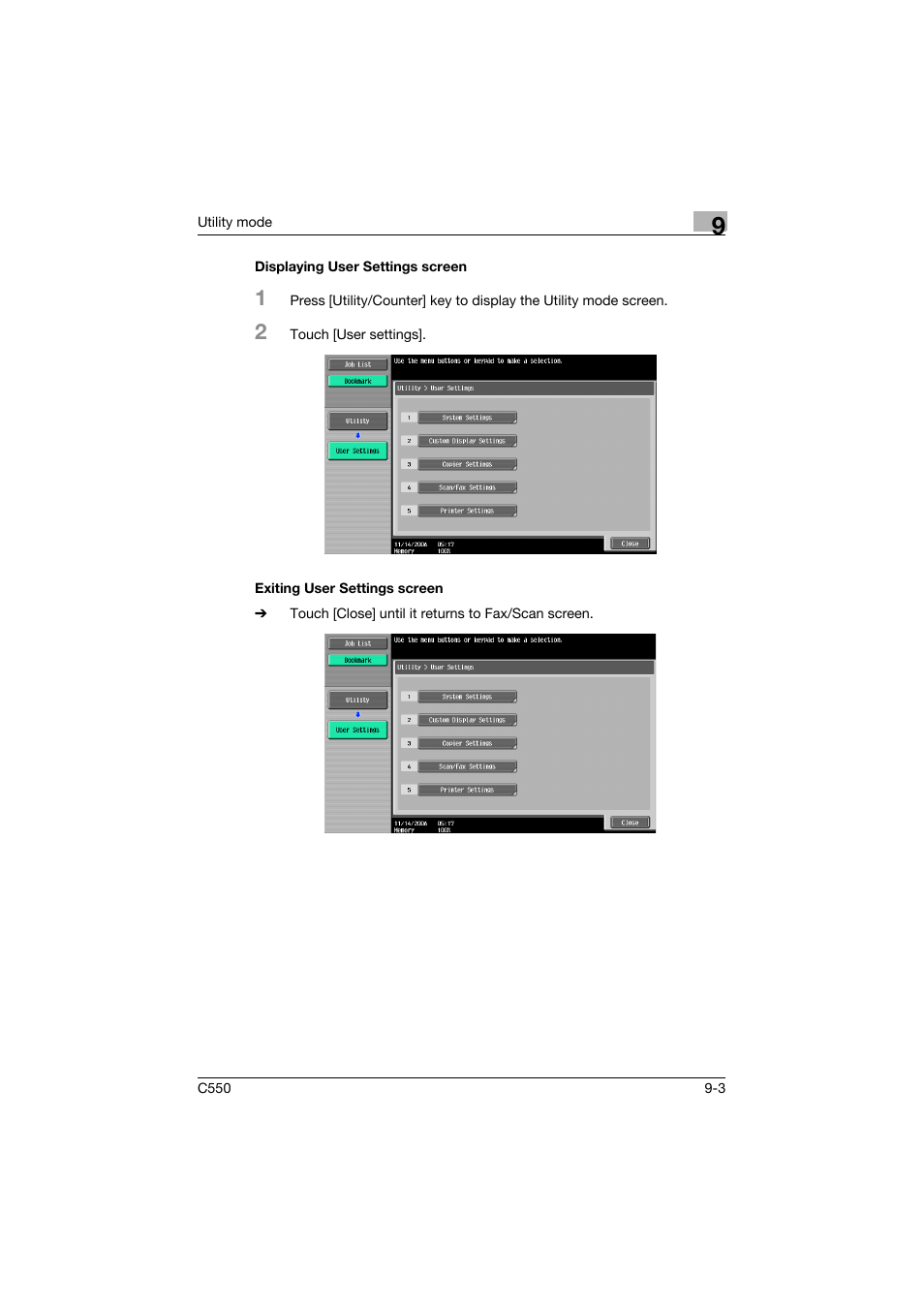 Displaying user settings screen, Exiting user settings screen | Konica Minolta bizhub C550 User Manual | Page 253 / 403