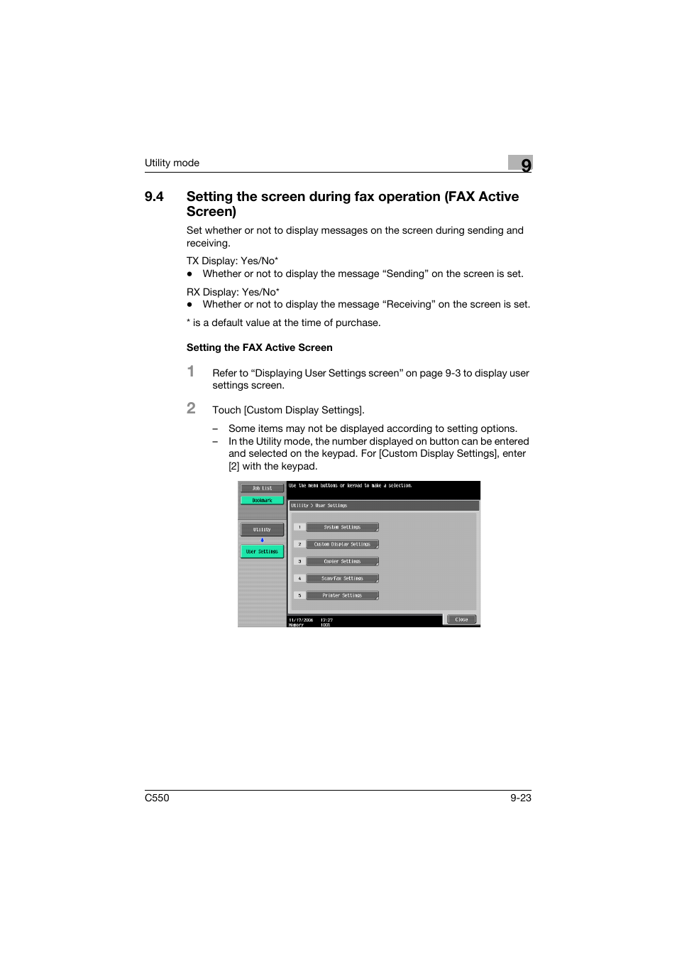 Setting the fax active screen, Setting the fax active screen -23 | Konica Minolta bizhub C550 User Manual | Page 273 / 403