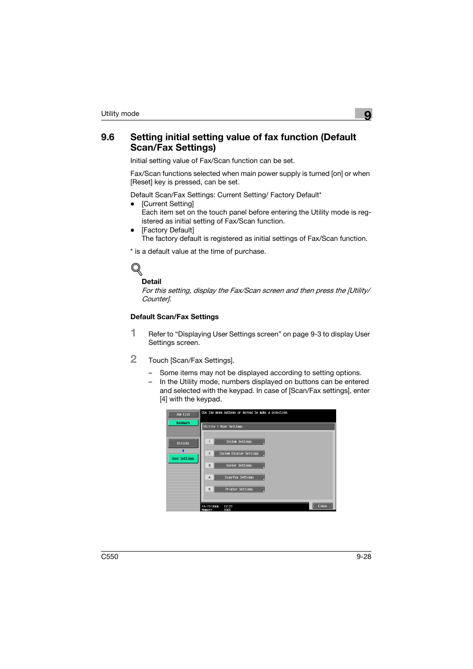 Default scan/fax settings, Default scan/fax settings -28 | Konica Minolta bizhub C550 User Manual | Page 278 / 403