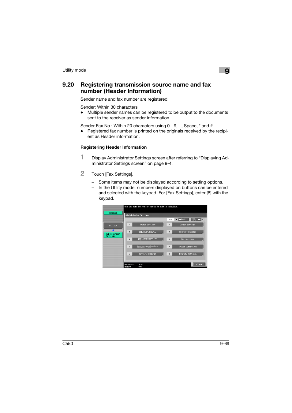 Registering header information, Registering header information -69 | Konica Minolta bizhub C550 User Manual | Page 319 / 403