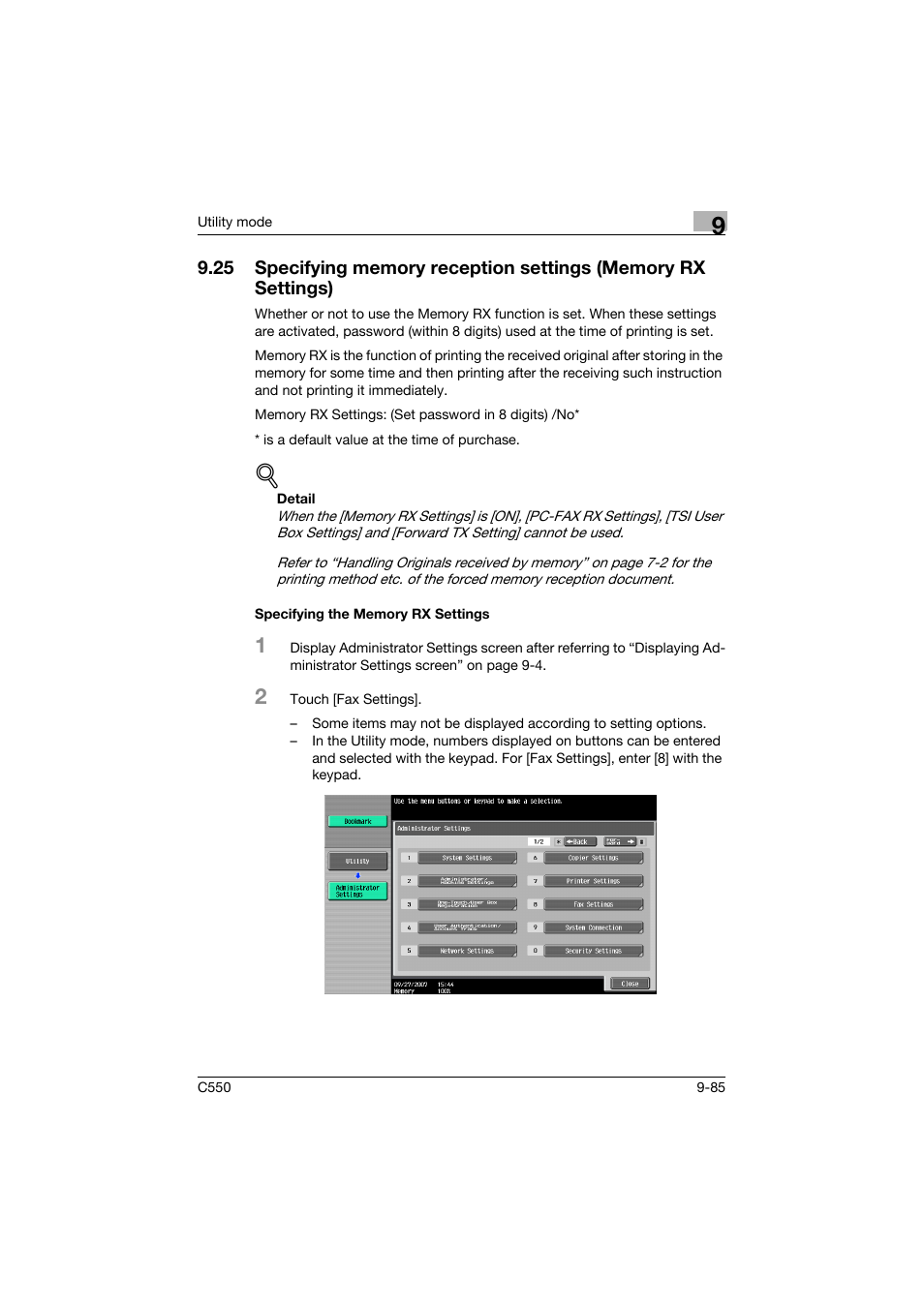 Specifying the memory rx settings, Specifying the memory rx settings -85 | Konica Minolta bizhub C550 User Manual | Page 335 / 403