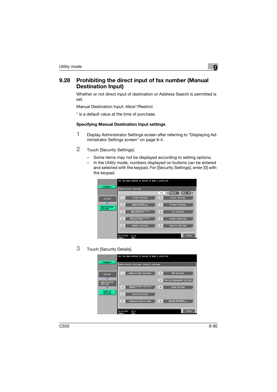 Specifying manual destination input settings, Specifying manual destination input settings -95 | Konica Minolta bizhub C550 User Manual | Page 345 / 403