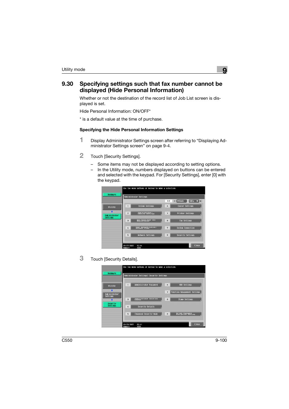 Specifying the hide personal information settings | Konica Minolta bizhub C550 User Manual | Page 350 / 403