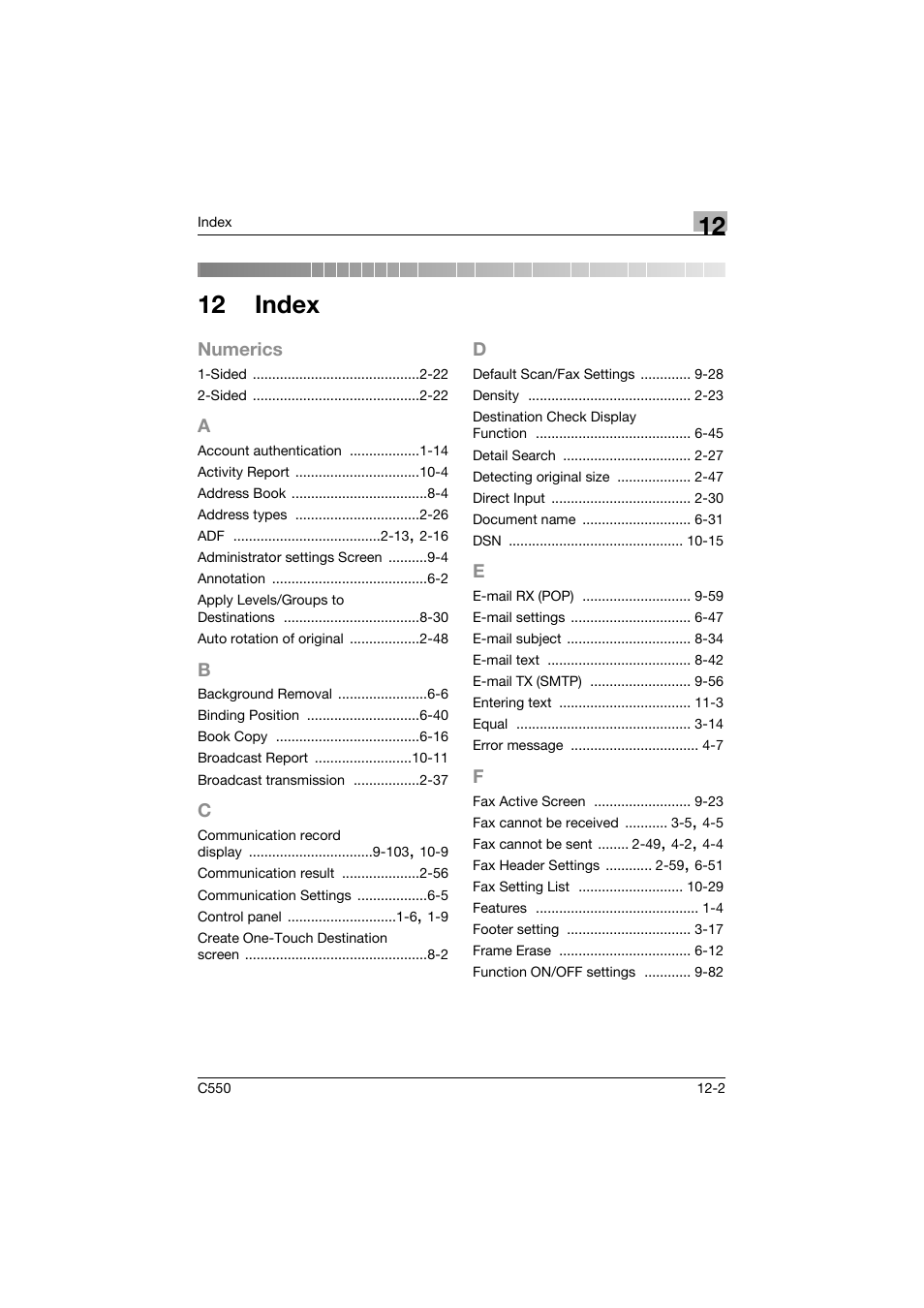 12 index, A to f | Konica Minolta bizhub C550 User Manual | Page 400 / 403