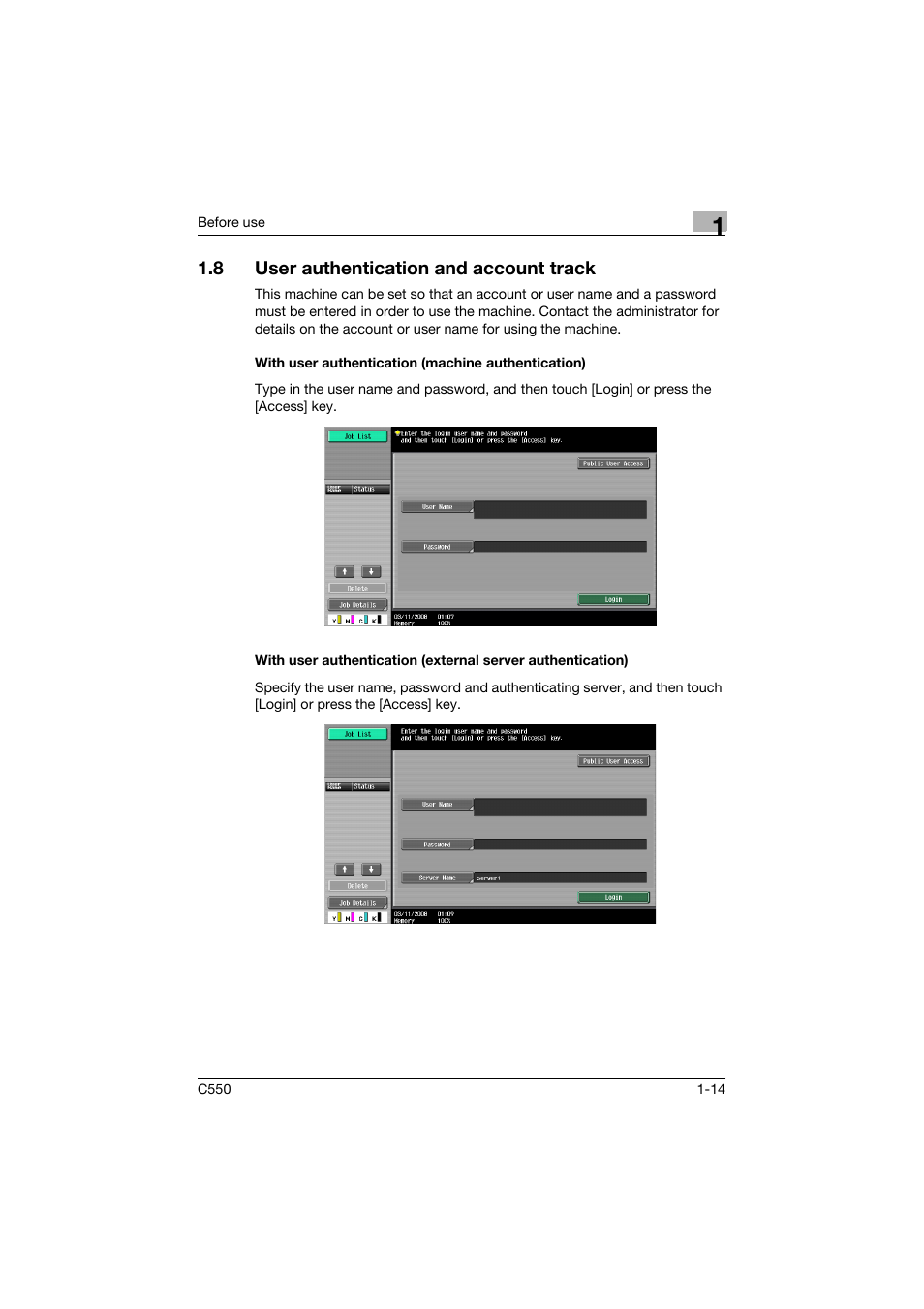 8 user authentication and account track, With user authentication (machine authentication), User authentication and account track -14 | Konica Minolta bizhub C550 User Manual | Page 43 / 403