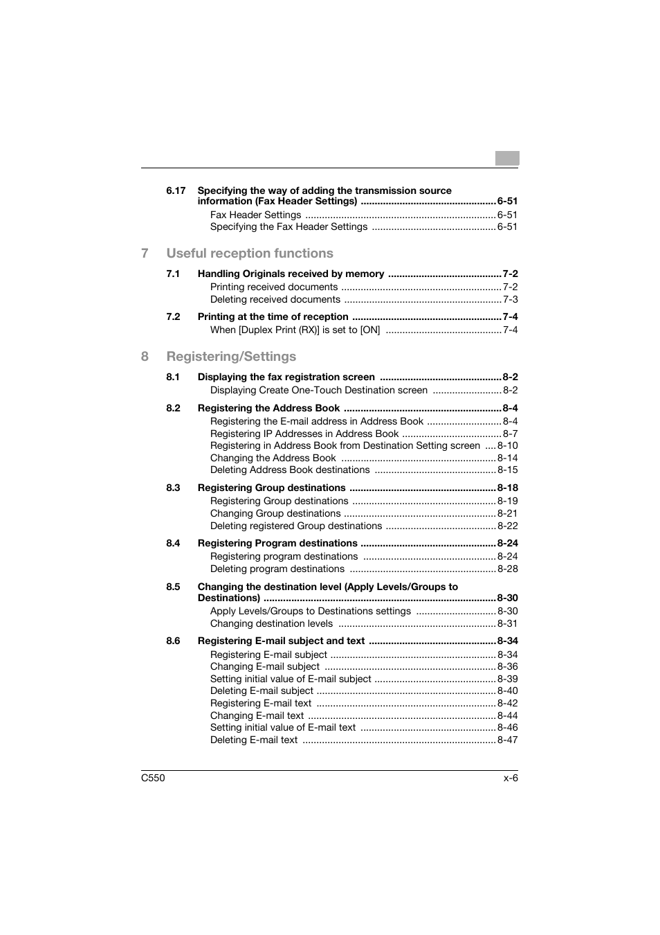 7useful reception functions, 8registering/settings | Konica Minolta bizhub C550 User Manual | Page 7 / 403