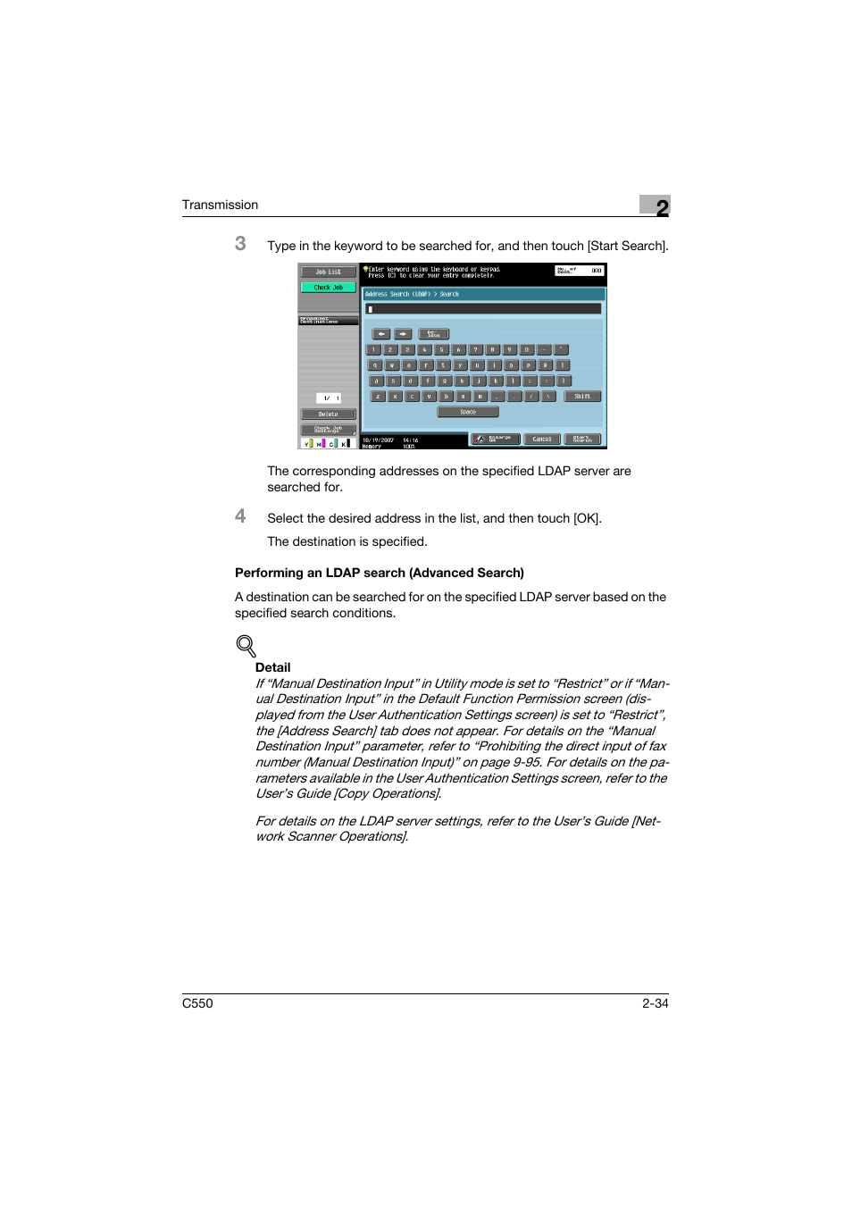 Performing an ldap search (advanced search), Performing an ldap search (advanced search) -34 | Konica Minolta bizhub C550 User Manual | Page 78 / 403