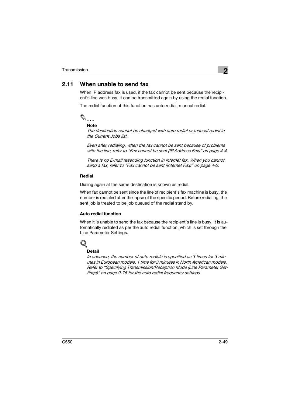 11 when unable to send fax, Redial, Auto redial function | When unable to send fax -49, Redial -49 auto redial function -49 | Konica Minolta bizhub C550 User Manual | Page 93 / 403