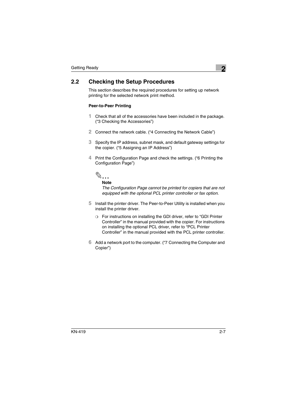 2 checking the setup procedures, Peer-to-peer printing, Checking the setup procedures -7 | Peer-to-peer printing -7 | Konica Minolta KN-419 User Manual | Page 16 / 52