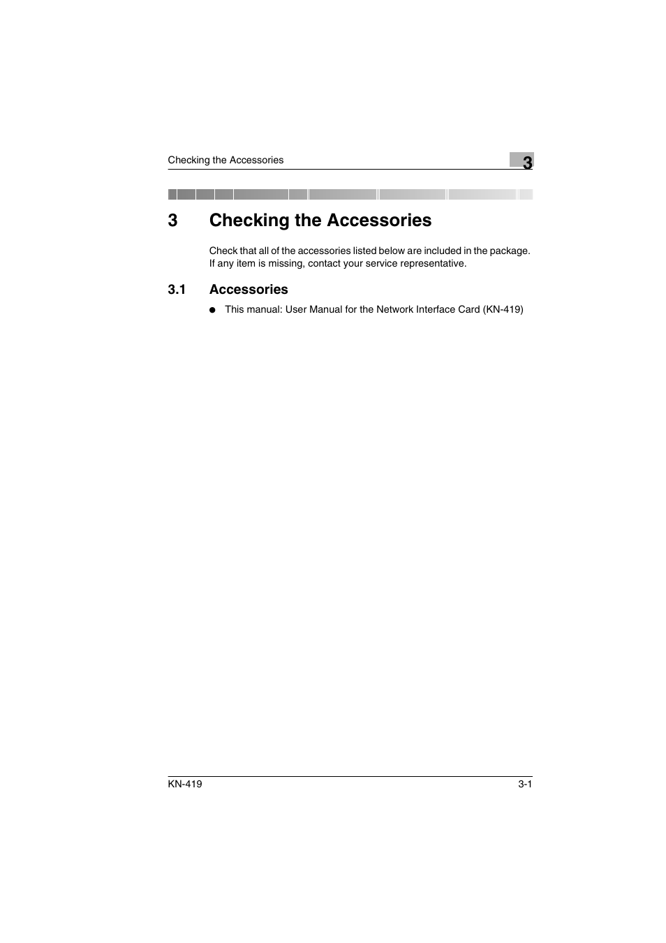 3 checking the accessories, 1 accessories, Checking the accessories | Accessories -1, 3 checking the accessories”), 3checking the accessories | Konica Minolta KN-419 User Manual | Page 20 / 52
