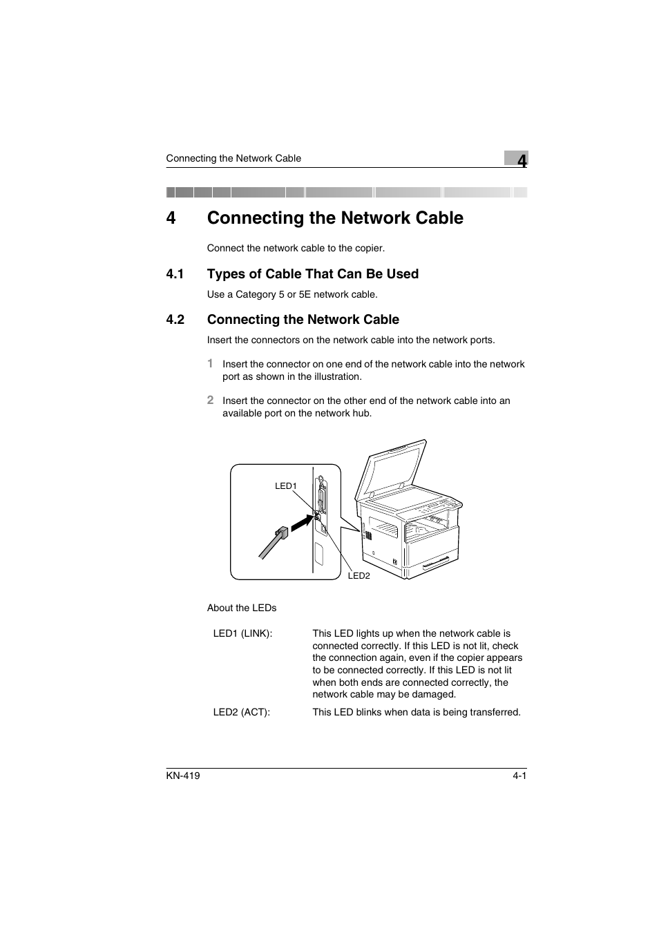 4 connecting the network cable, 1 types of cable that can be used, 2 connecting the network cable | Connecting the network cable, Types of cable that can be used -1, Connecting the network cable -1, 4 connecting the network cable”), 4connecting the network cable | Konica Minolta KN-419 User Manual | Page 22 / 52