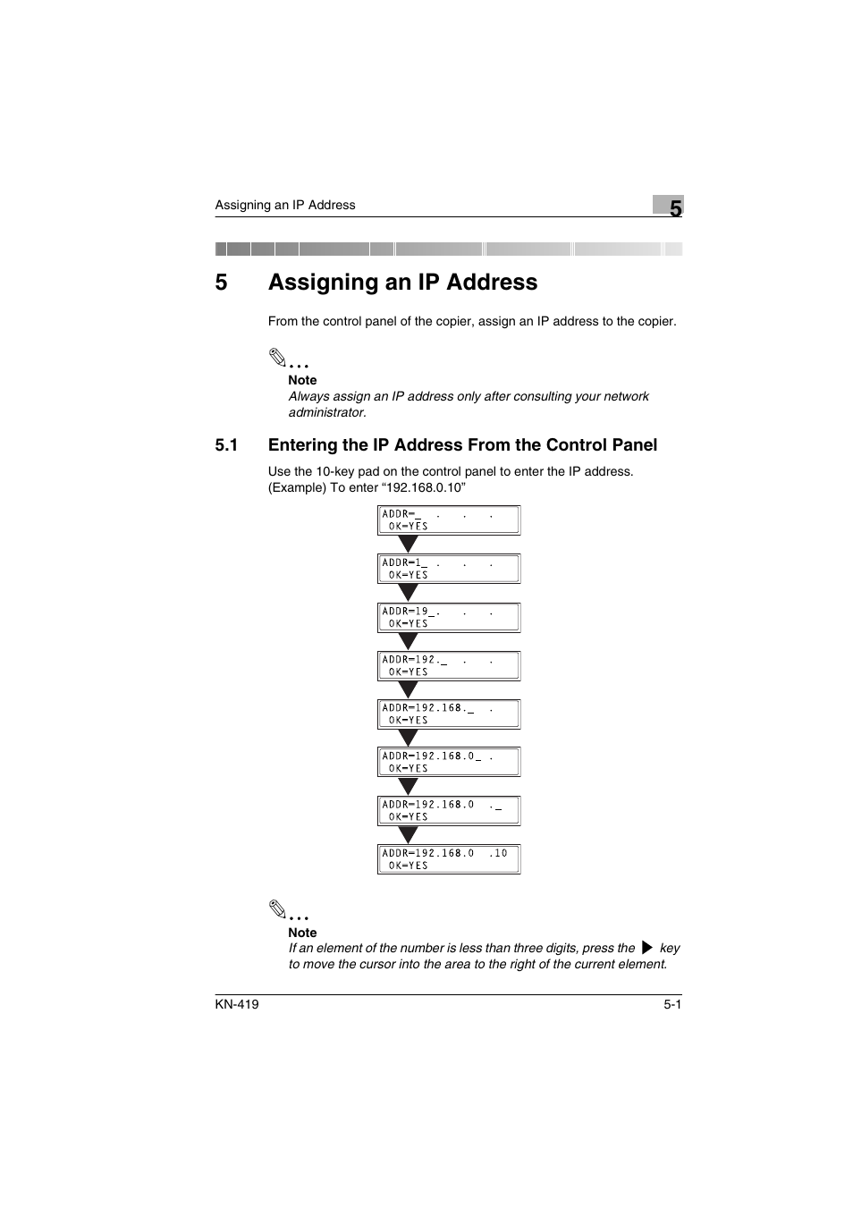 5 assigning an ip address, 1 entering the ip address from the control panel, Assigning an ip address | Entering the ip address from the control panel -1, 5 assigning an ip address”), 5assigning an ip address | Konica Minolta KN-419 User Manual | Page 24 / 52