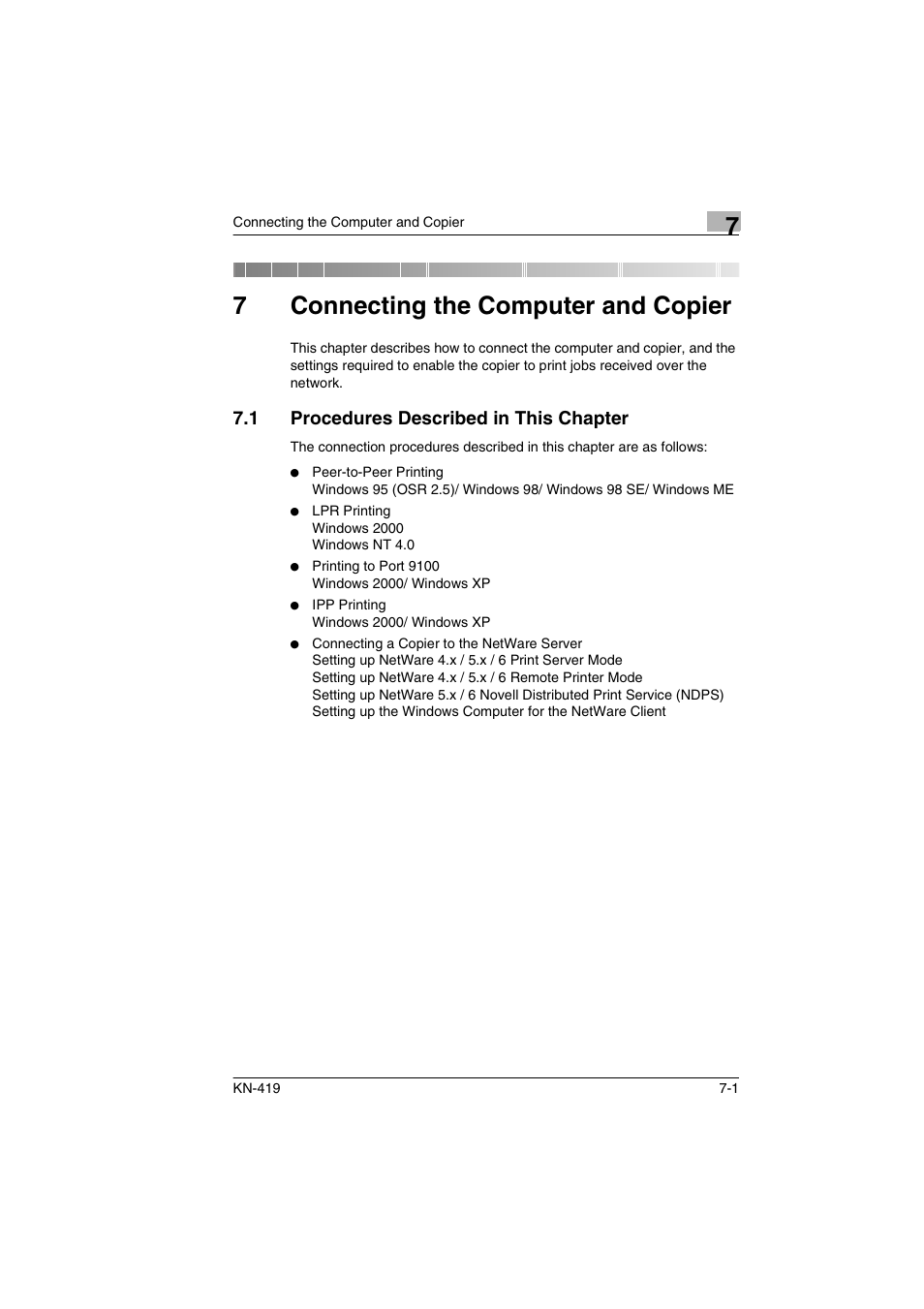 7 connecting the computer and copier, 1 procedures described in this chapter, Connecting the computer and copier | Procedures described in this chapter -1, Er. (“7 connecting the computer and copier”), Er. (“7 connecting the computer and copier, 7connecting the computer and copier | Konica Minolta KN-419 User Manual | Page 30 / 52