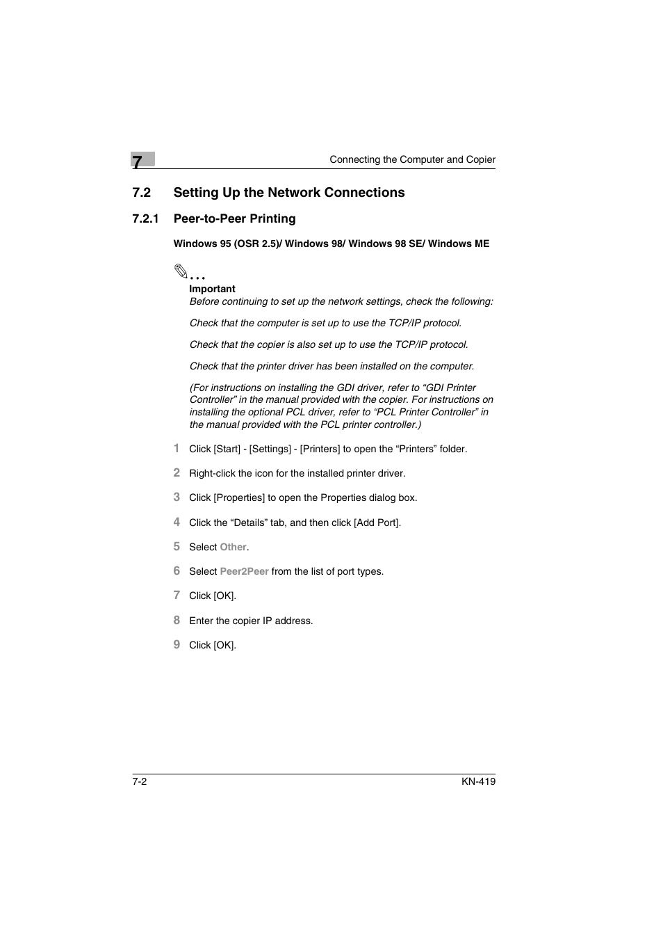 2 setting up the network connections, 1 peer-to-peer printing, Setting up the network connections -2 | Konica Minolta KN-419 User Manual | Page 31 / 52