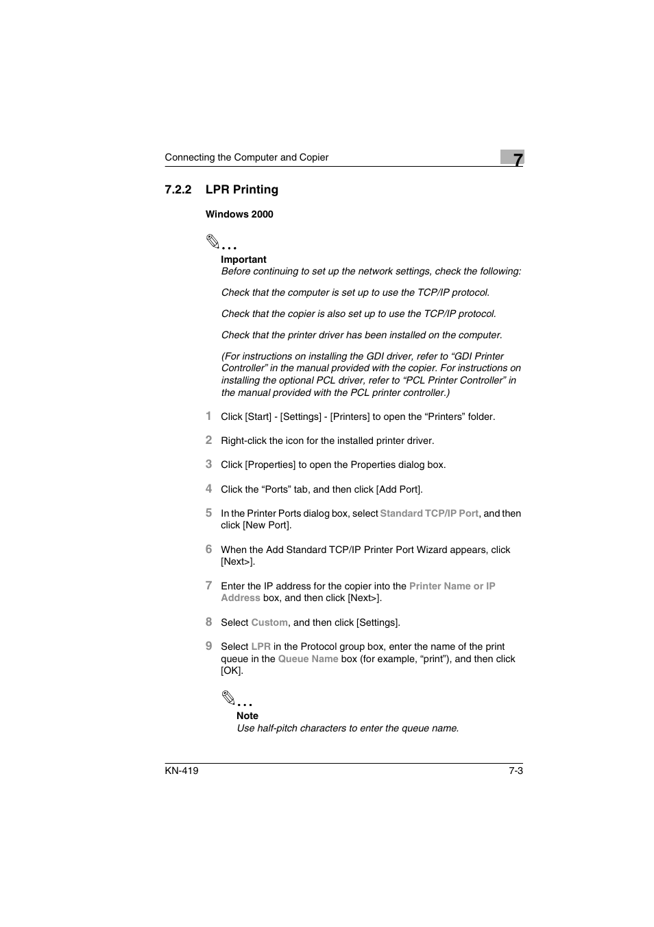 2 lpr printing, Windows 2000, Lpr printing -3 windows 2000 -3 | Konica Minolta KN-419 User Manual | Page 32 / 52