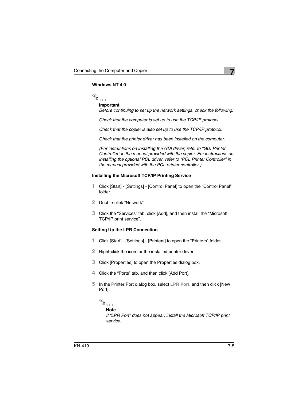 Windows nt 4.0, Installing the microsoft tcp/ip printing service, Setting up the lpr connection | Konica Minolta KN-419 User Manual | Page 34 / 52