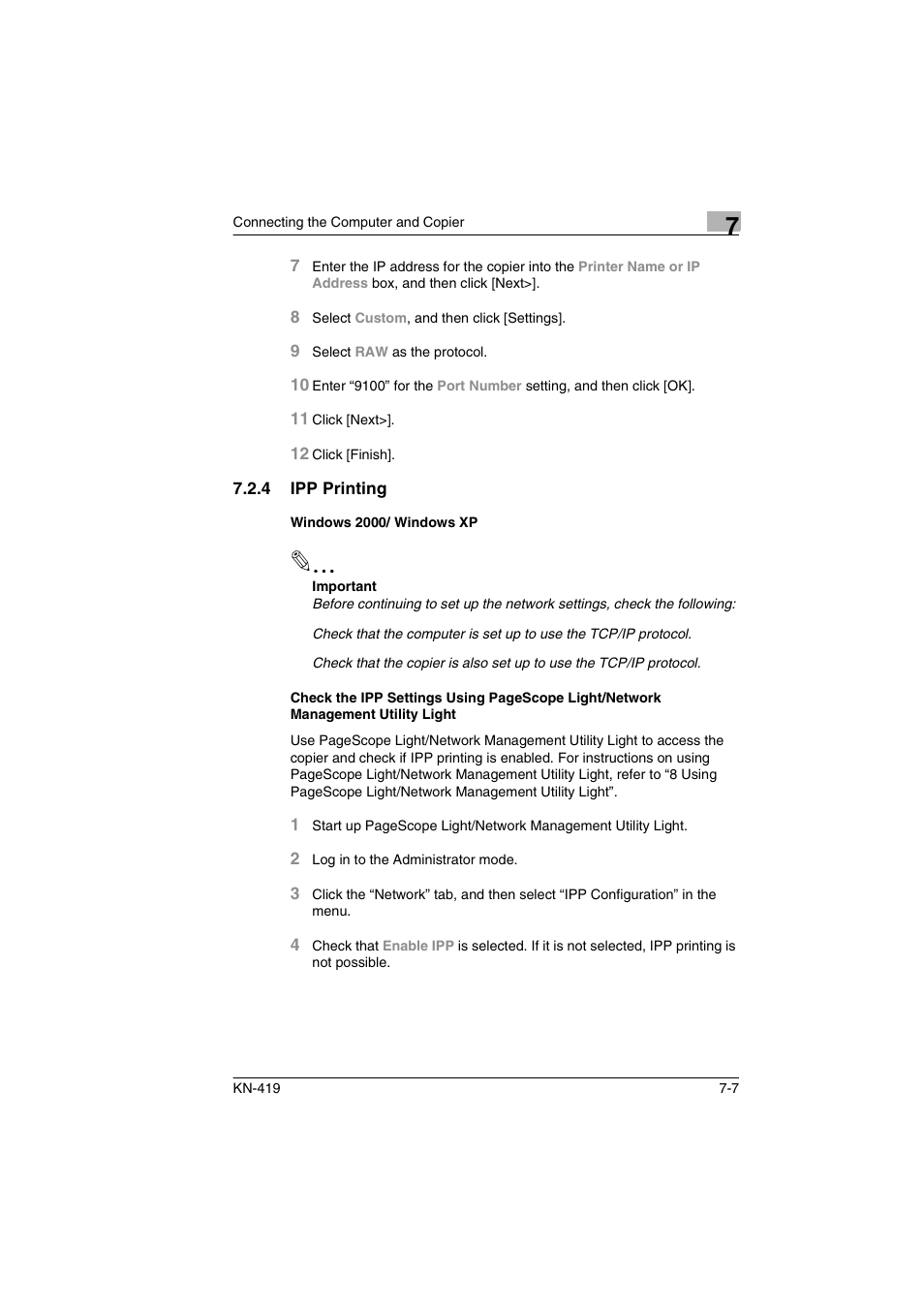 4 ipp printing, Windows 2000/ windows xp | Konica Minolta KN-419 User Manual | Page 36 / 52