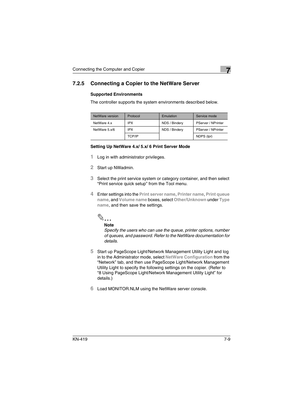 5 connecting a copier to the netware server, Supported environments, Setting up netware 4.x/ 5.x/ 6 print server mode | Konica Minolta KN-419 User Manual | Page 38 / 52