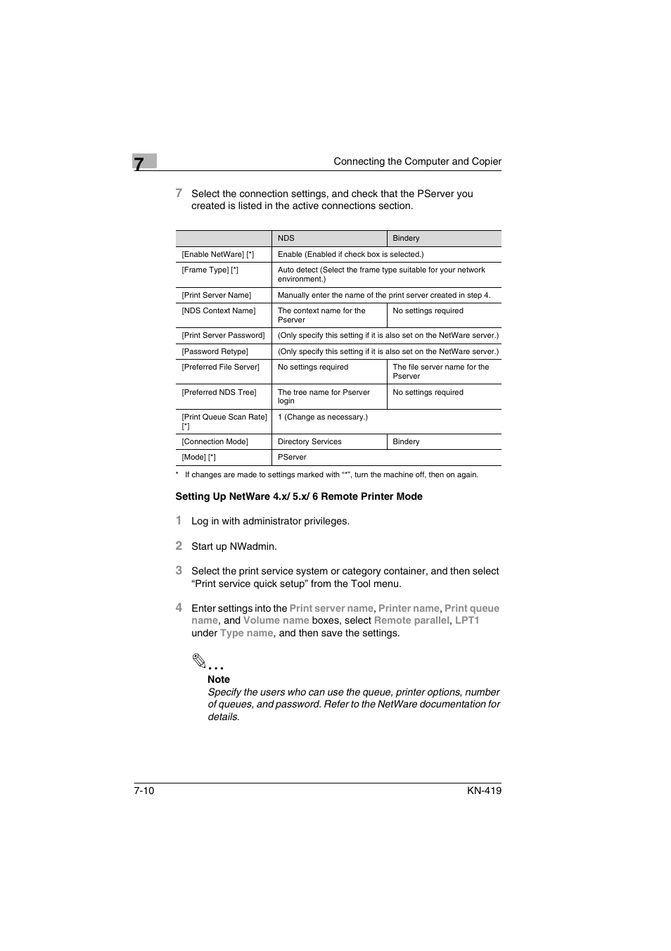 Setting up netware 4.x/ 5.x/ 6 remote printer mode | Konica Minolta KN-419 User Manual | Page 39 / 52