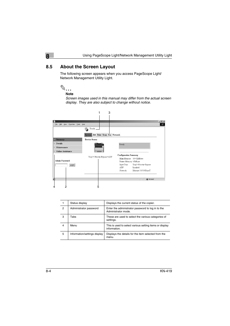 5 about the screen layout, About the screen layout -4 | Konica Minolta KN-419 User Manual | Page 47 / 52