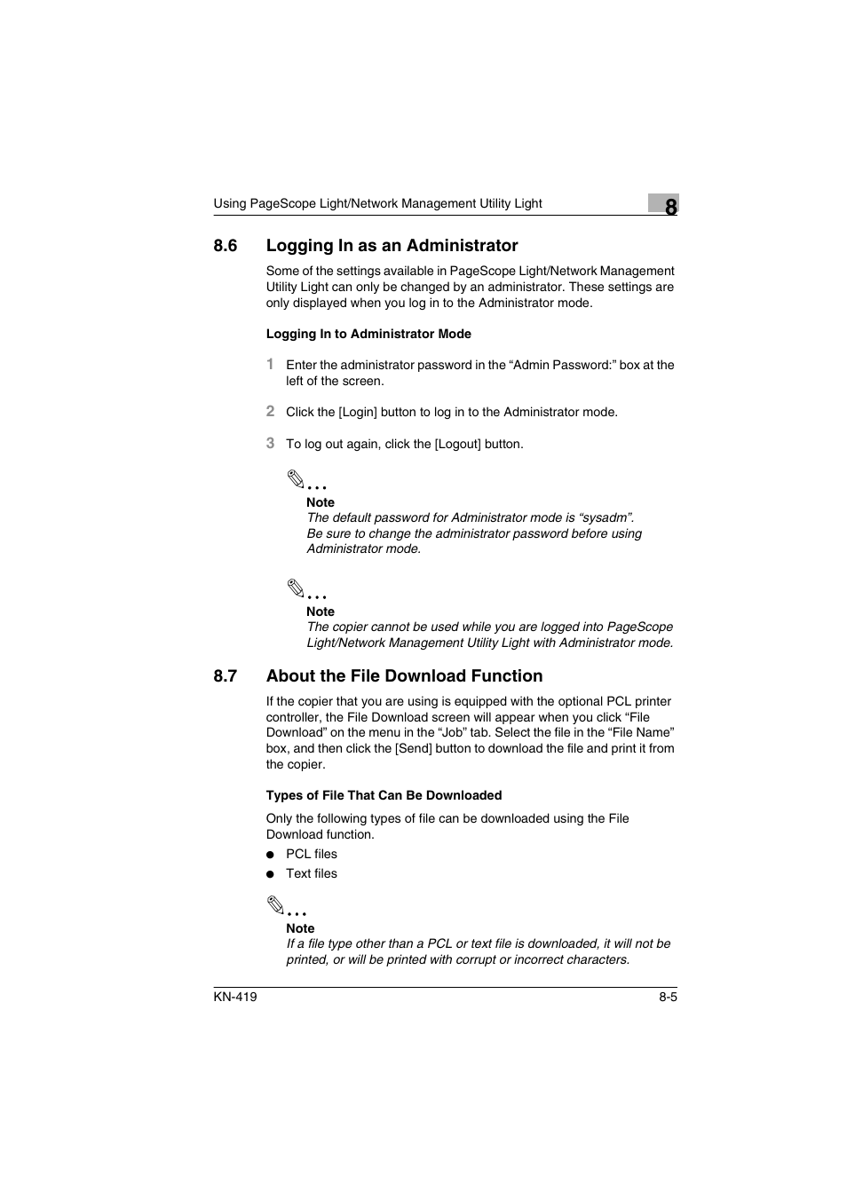 6 logging in as an administrator, Logging in to administrator mode, 7 about the file download function | Types of file that can be downloaded, Logging in as an administrator -5, Logging in to administrator mode -5, About the file download function -5, Types of file that can be downloaded -5 | Konica Minolta KN-419 User Manual | Page 48 / 52