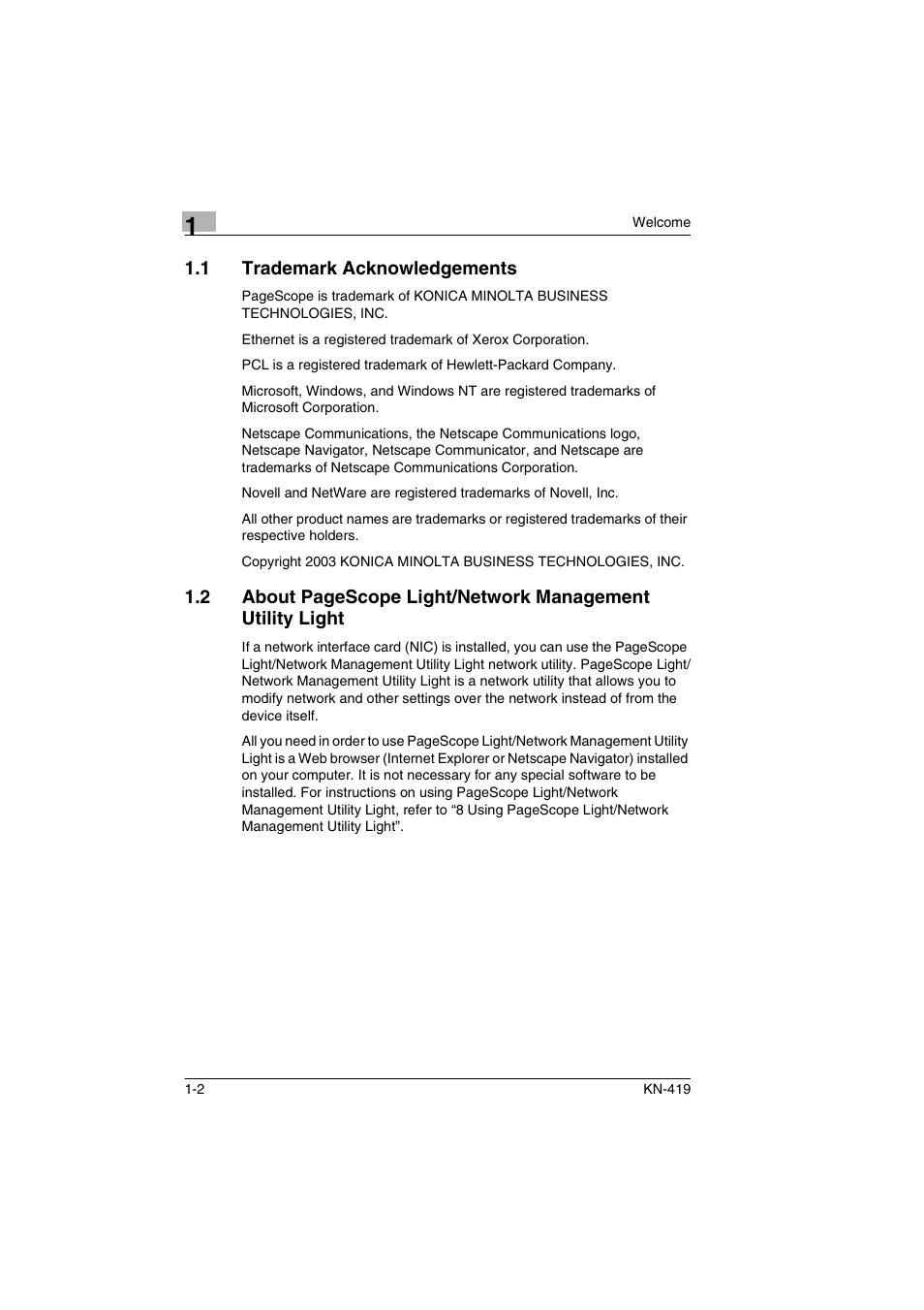1 trademark acknowledgements, Trademark acknowledgements -2 | Konica Minolta KN-419 User Manual | Page 9 / 52