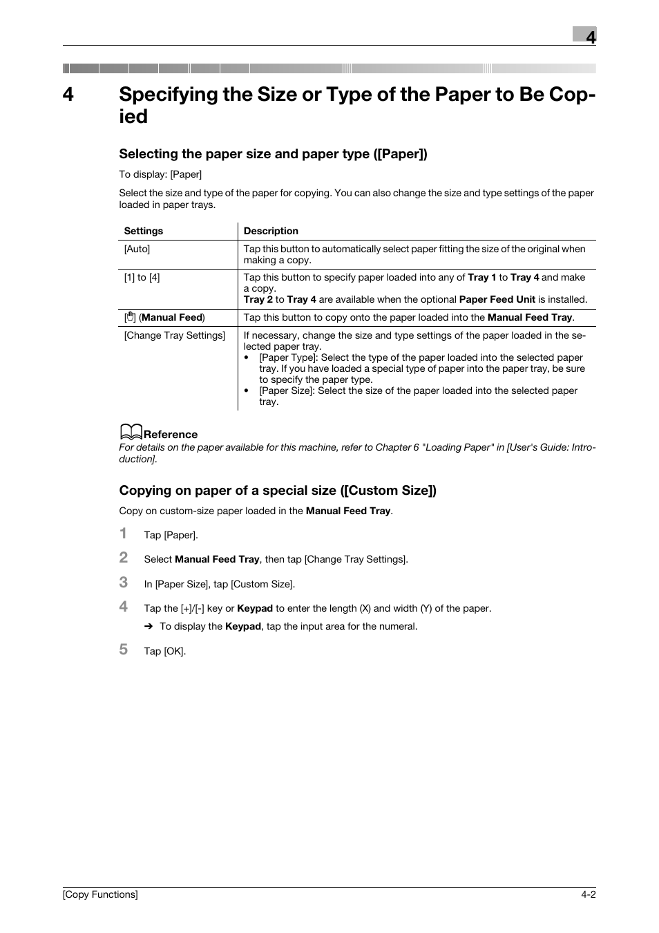 Selecting the paper size and paper type ([paper]), Copying on paper of a special size ([custom size]) | Konica Minolta bizhub 4750 User Manual | Page 20 / 30