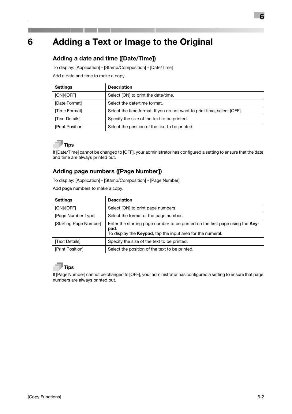 6 adding a text or image to the original, Adding a date and time ([date/time]), Adding a text or image to the original | 6adding a text or image to the original, Adding page numbers ([page number]) | Konica Minolta bizhub 4750 User Manual | Page 26 / 30