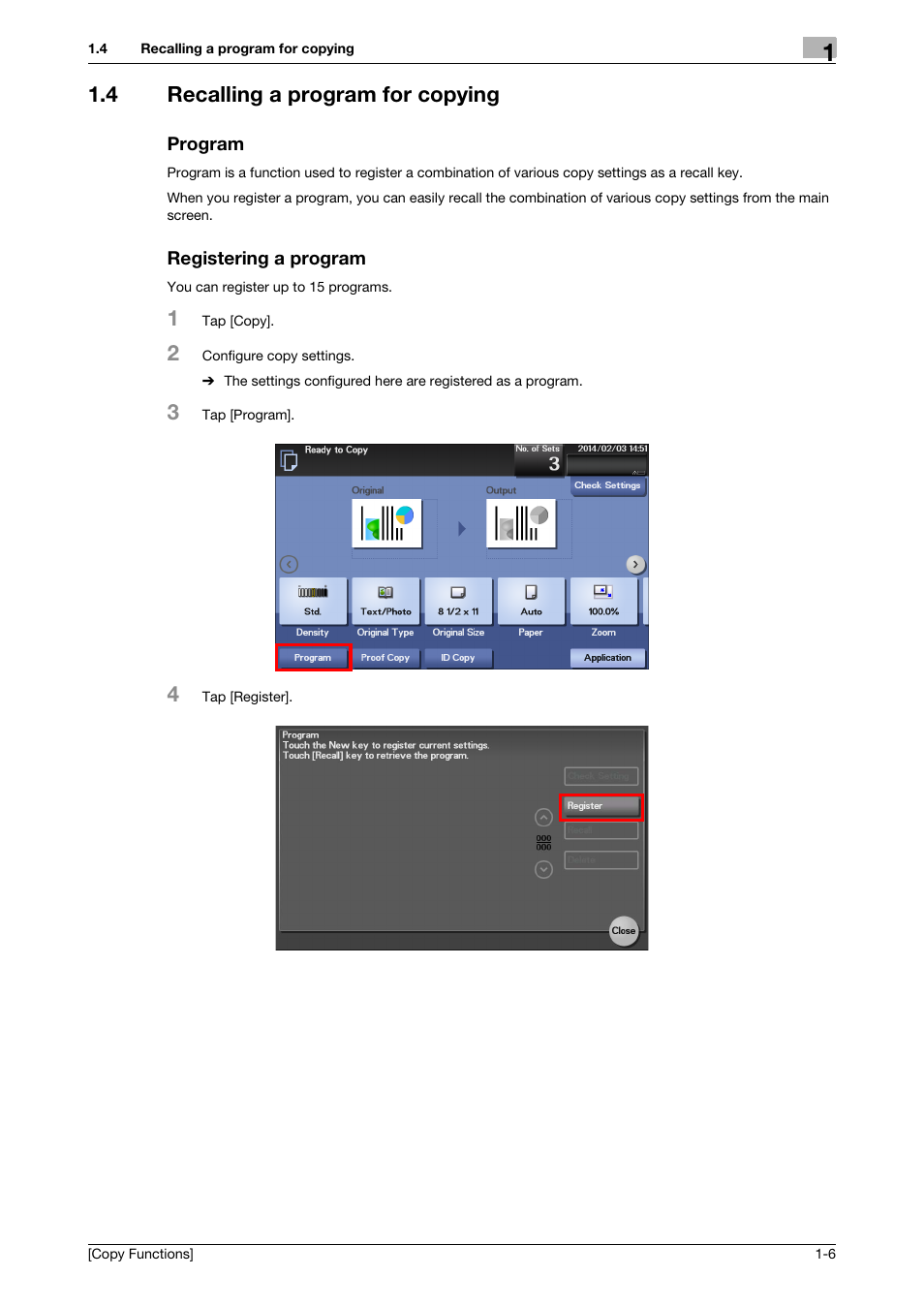 4 recalling a program for copying, Program, Registering a program | Konica Minolta bizhub 4750 User Manual | Page 8 / 30