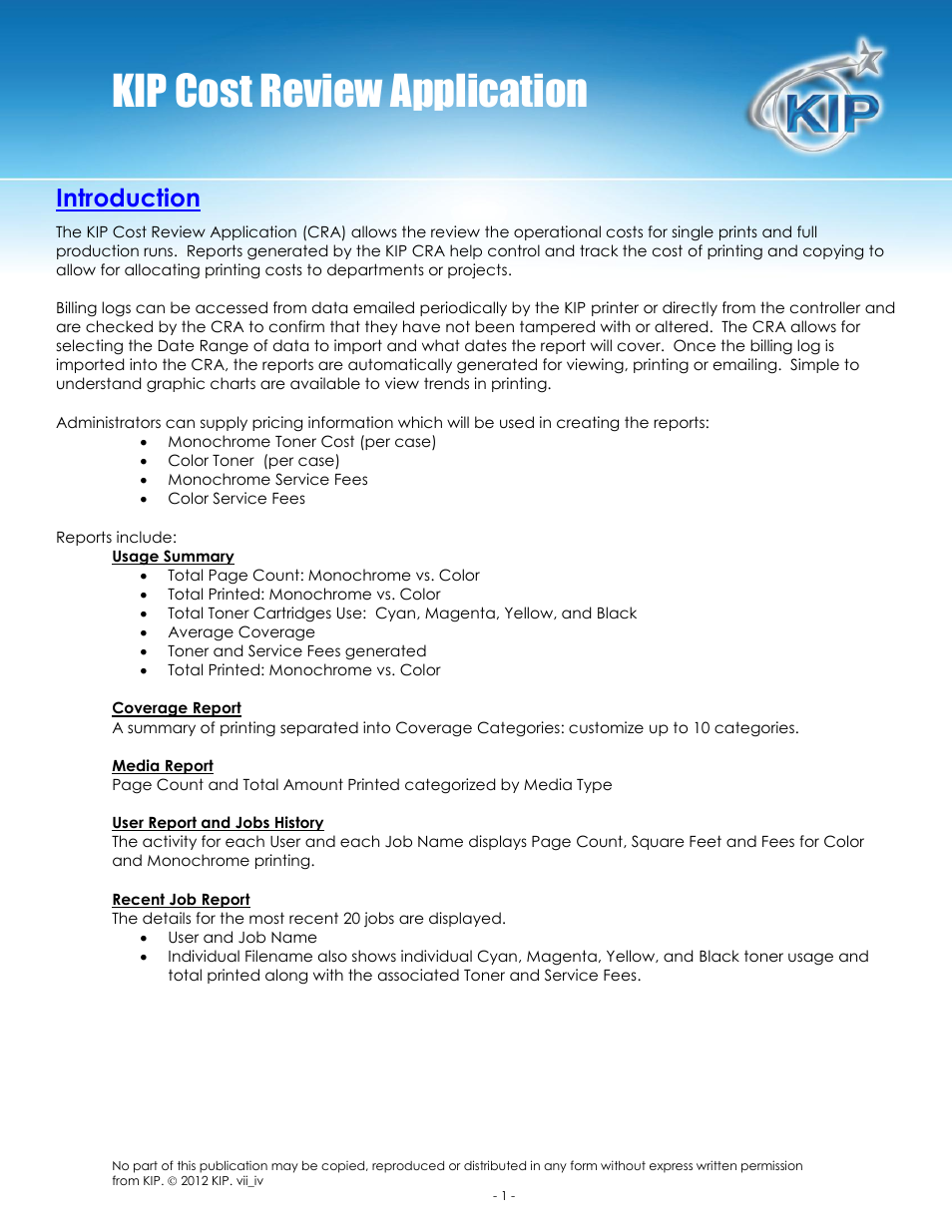 Kip cost review application, Introduction | Konica Minolta KIP 7100 User Manual | Page 2 / 14