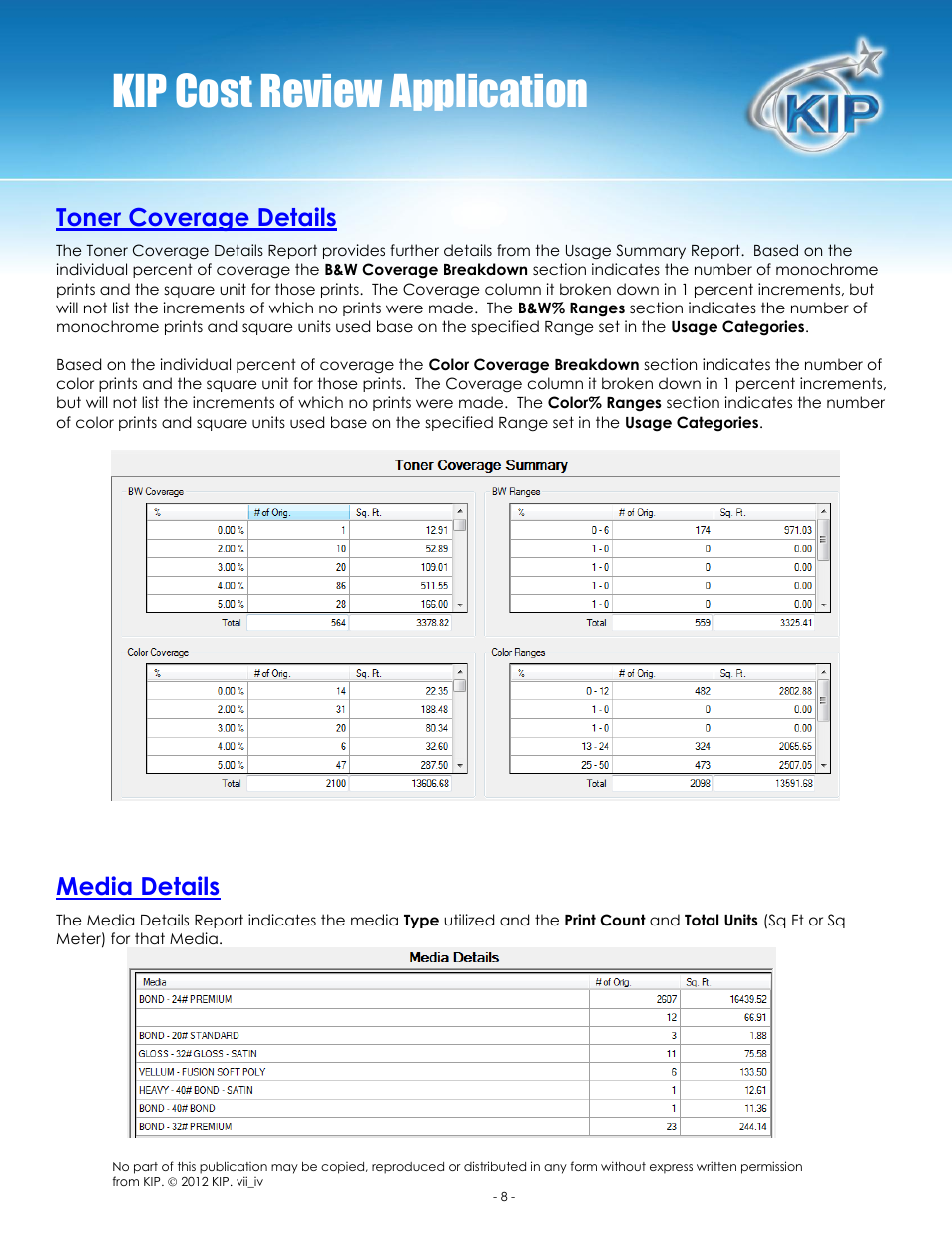 Kip cost review application, Toner coverage details, Media details | Konica Minolta KIP 7100 User Manual | Page 9 / 14