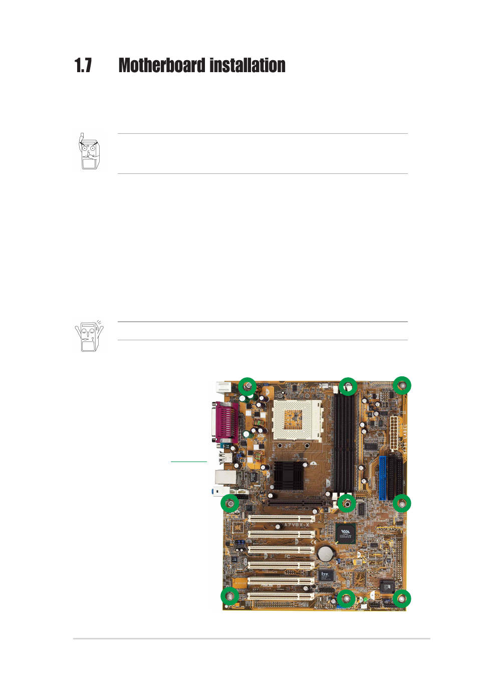 7 motherboard installation, 1 placement direction, 2 screw holes | Asus A7V8X-X User Manual | Page 19 / 64